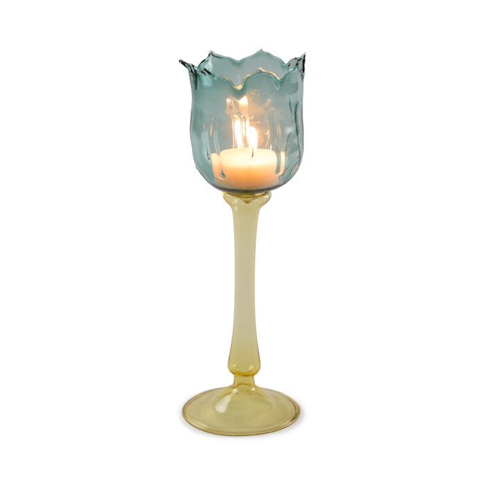 Eternal Blossom Glass Tea Light Holder – Teal/ Yellow