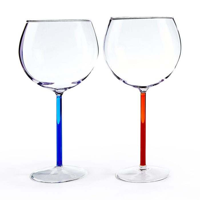 Color Accent Red Wine Glasses – Set of 2 – Blue/ Red Orange