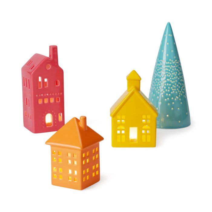 LED Lighted Colorful Ceramic Modern Village – Set of 4