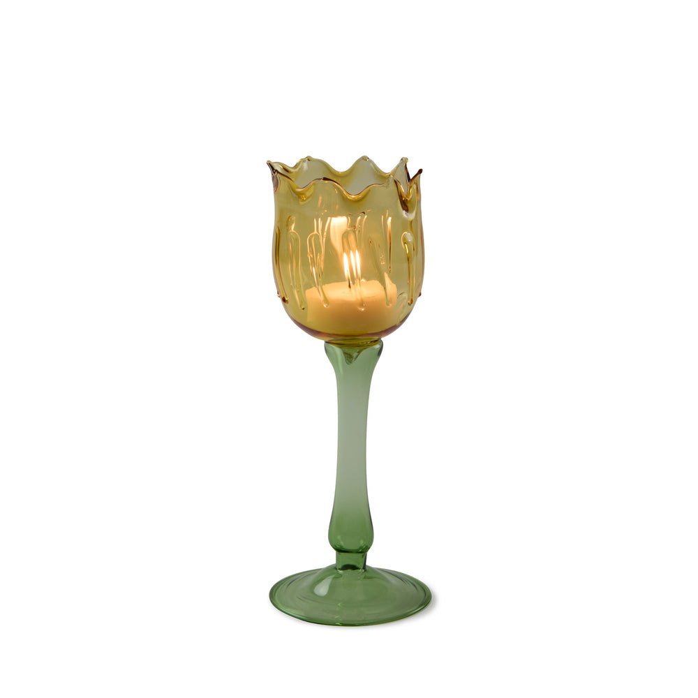 Eternal Blossom Glass Tea Light Holder – Yellow / Green