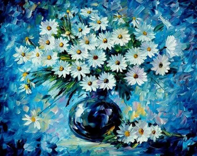 Daisies and blue vase