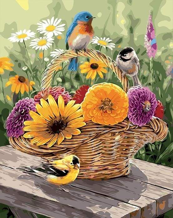 Flowers in a Basket and Birds